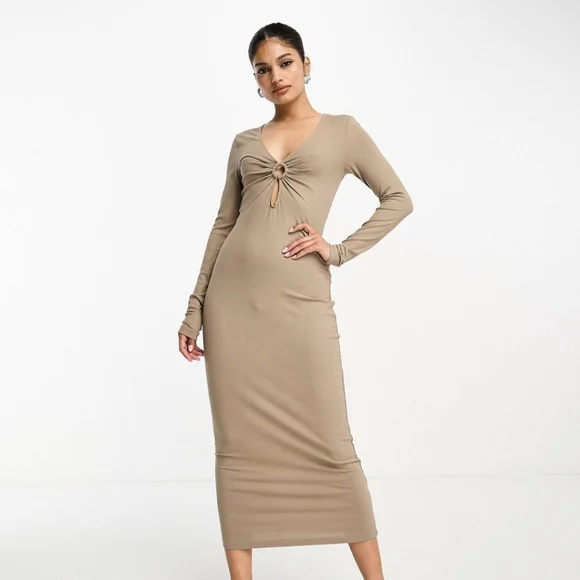 knee length dresses for ladies 21SIX Avery Floral Lace Cut Out Dress in Beige